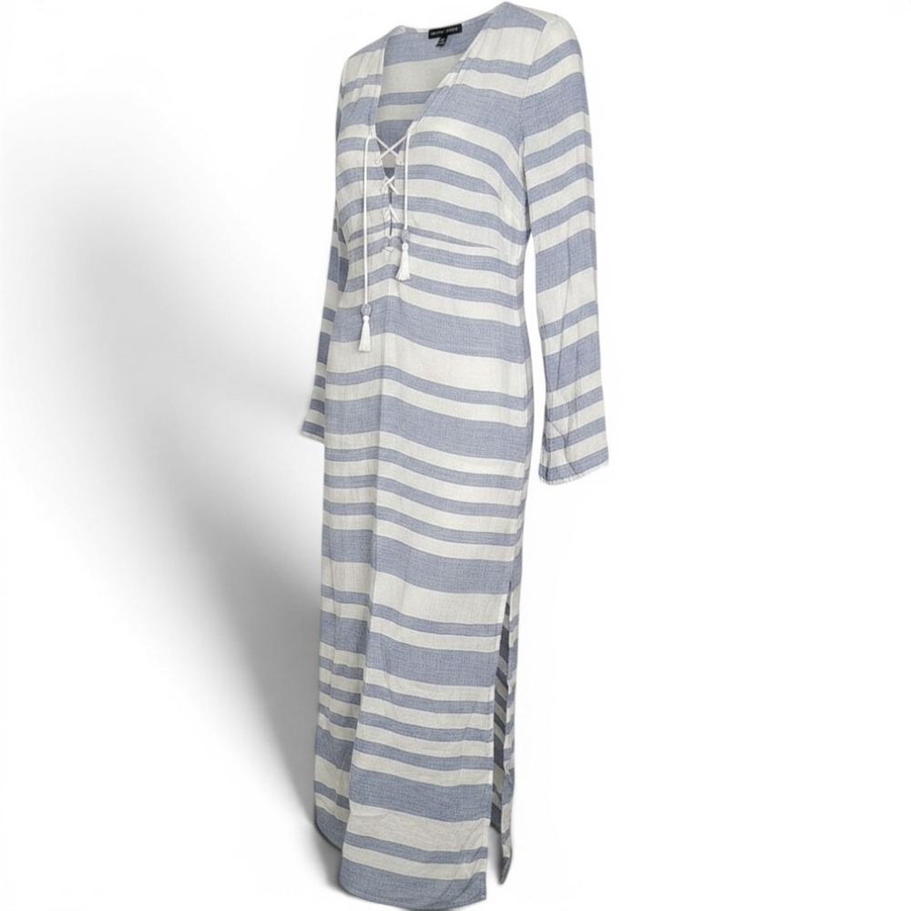 Saks Fifth Avenue Women Coastal Maxi Dress Linen Lace Up Tassel Striped Blue S